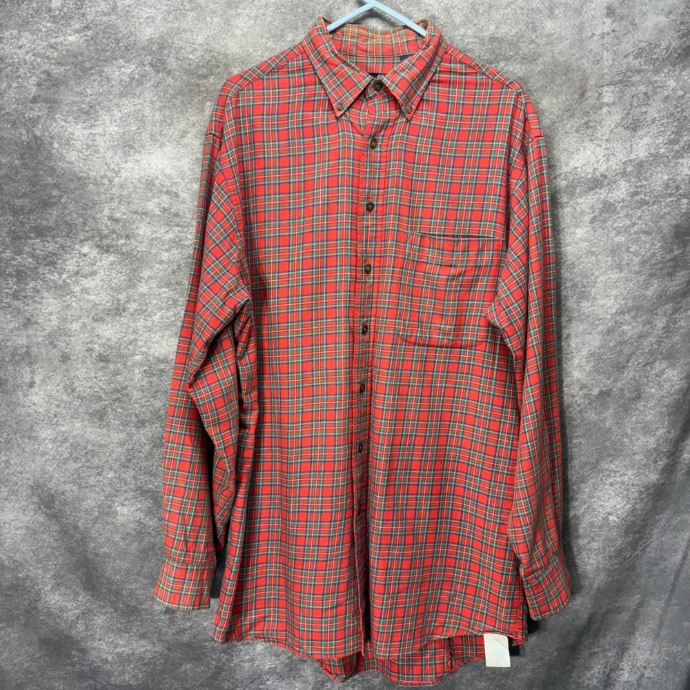VTG Viyella Lands End Plaid Lightweight Flannel Shirt Mens LT Red Green Tartan